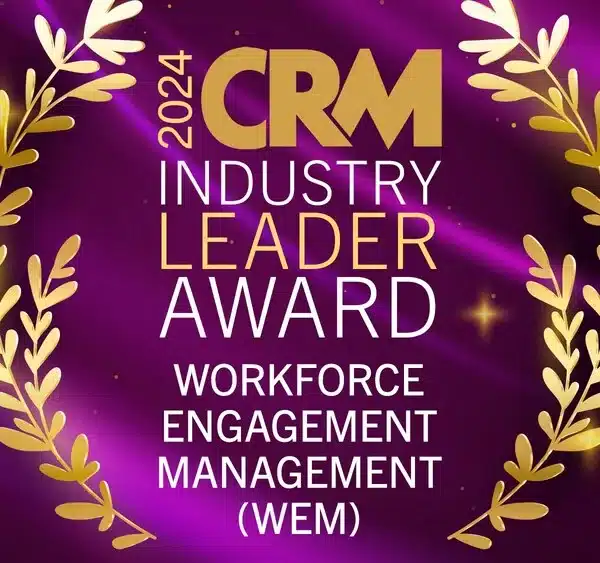Purple background with gold laurel accents and bold text: "2024 CRM Industry Leader Award - Workforce Engagement Management (WEM)." Celebratory and prestigious tone.