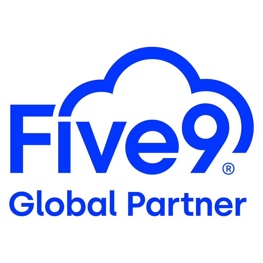 Blue text reads "Five9 Global Partner" with a cloud shape integrated into the "9" on a light gray background, conveying a tech-oriented partnership.