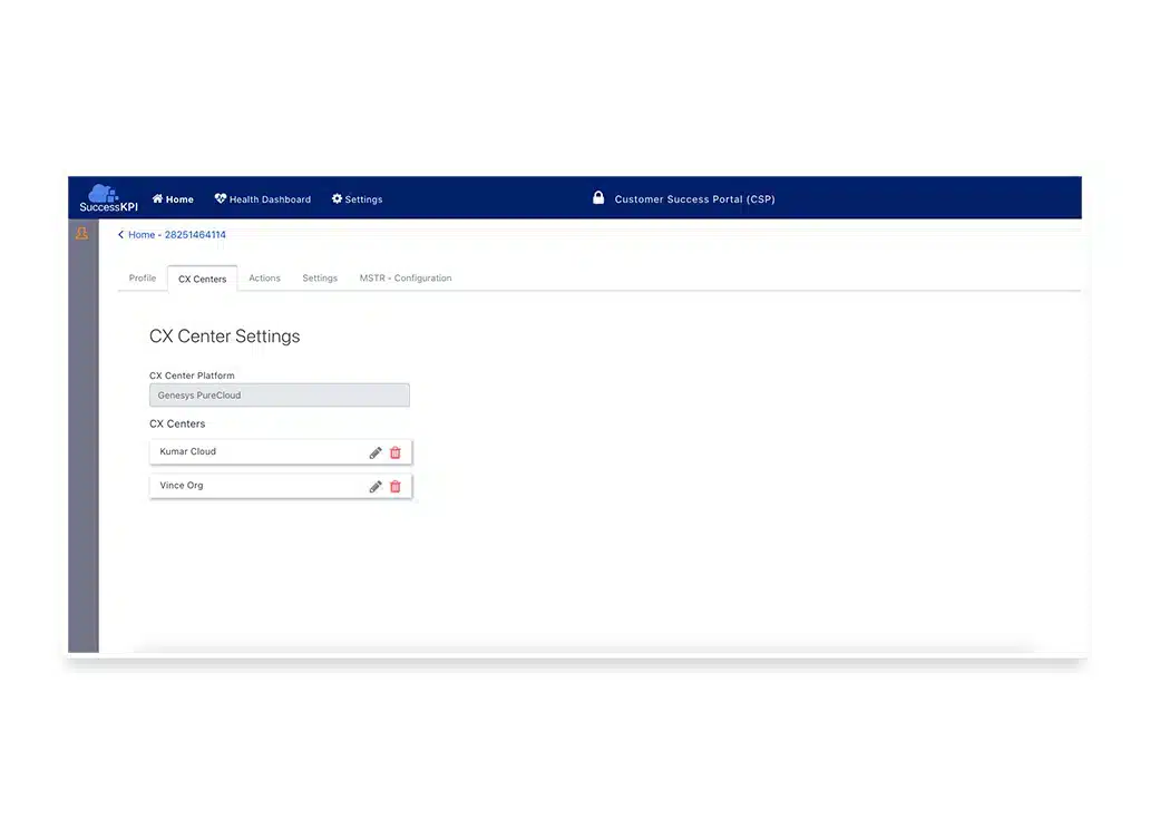 Screenshot of a SuccessKPI web interface showing CX Center Settings. The page lists two CX Centers: Kumar Cloud and Vince Org, each with edit and delete icons. The header includes navigation options like Home, Health Dashboard, and Settings.