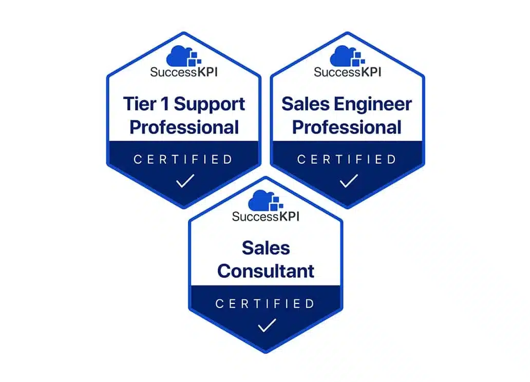 Three hexagonal badges with SuccessKPI logo at the top. Text reads Certified with titles: Tier 1 Support Professional, Sales Engineer Professional and Sales Consultant.