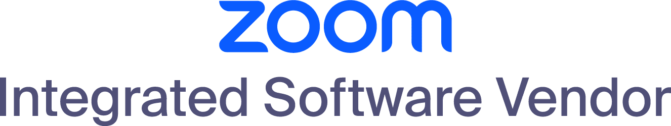 Gray banner displaying the word 'Zoom' in bold blue letters above the text 'Integrated Software Vendor' in dark gray, conveying a tech-focused theme.